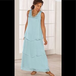 Soft Surroundings silk blue tiered maxi dress. Stretchy. New